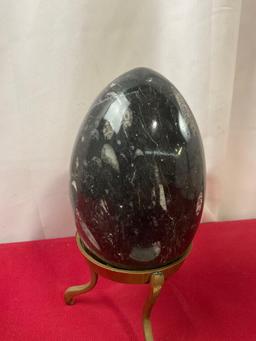 Polished Marble Egg w/ Orthoceras Fossil Inclusions, Brass three prong stand, 8.5 inches tall