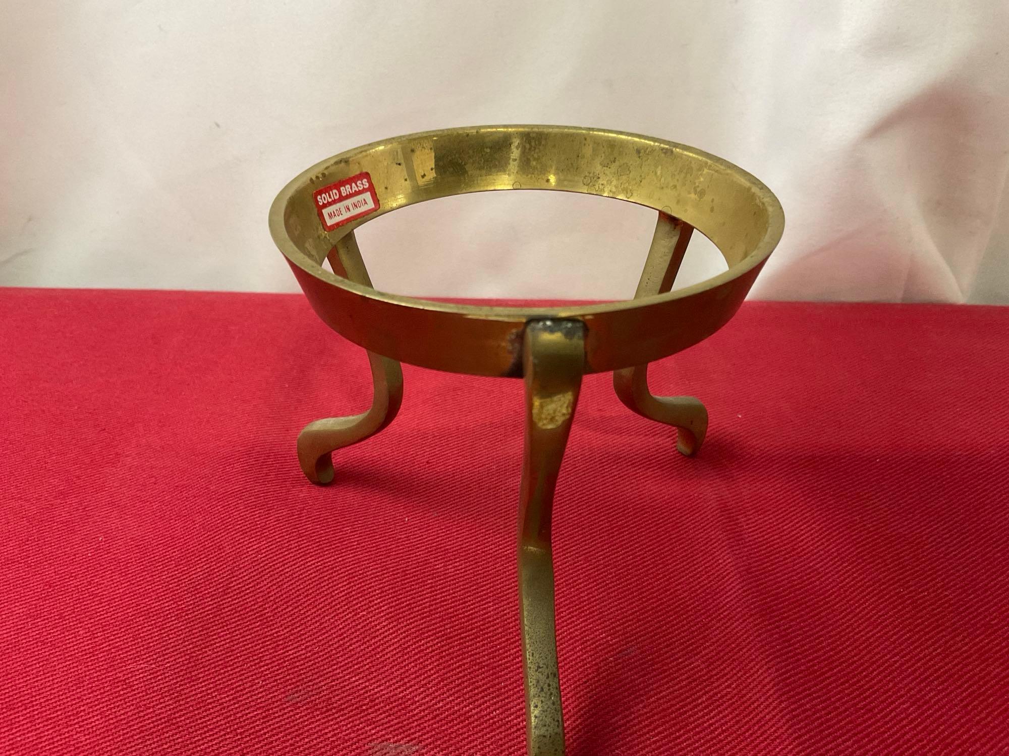 Polished Marble Egg w/ Orthoceras Fossil Inclusions, Brass three prong stand, 8.5 inches tall