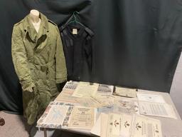 Vintage Army Trenchcoat, size Small Long & UK Size 36 Sweater, Assorted Certificates & Commendati...
