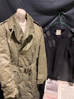 Vintage Army Trenchcoat, size Small Long & UK Size 36 Sweater, Assorted Certificates & Commendati...