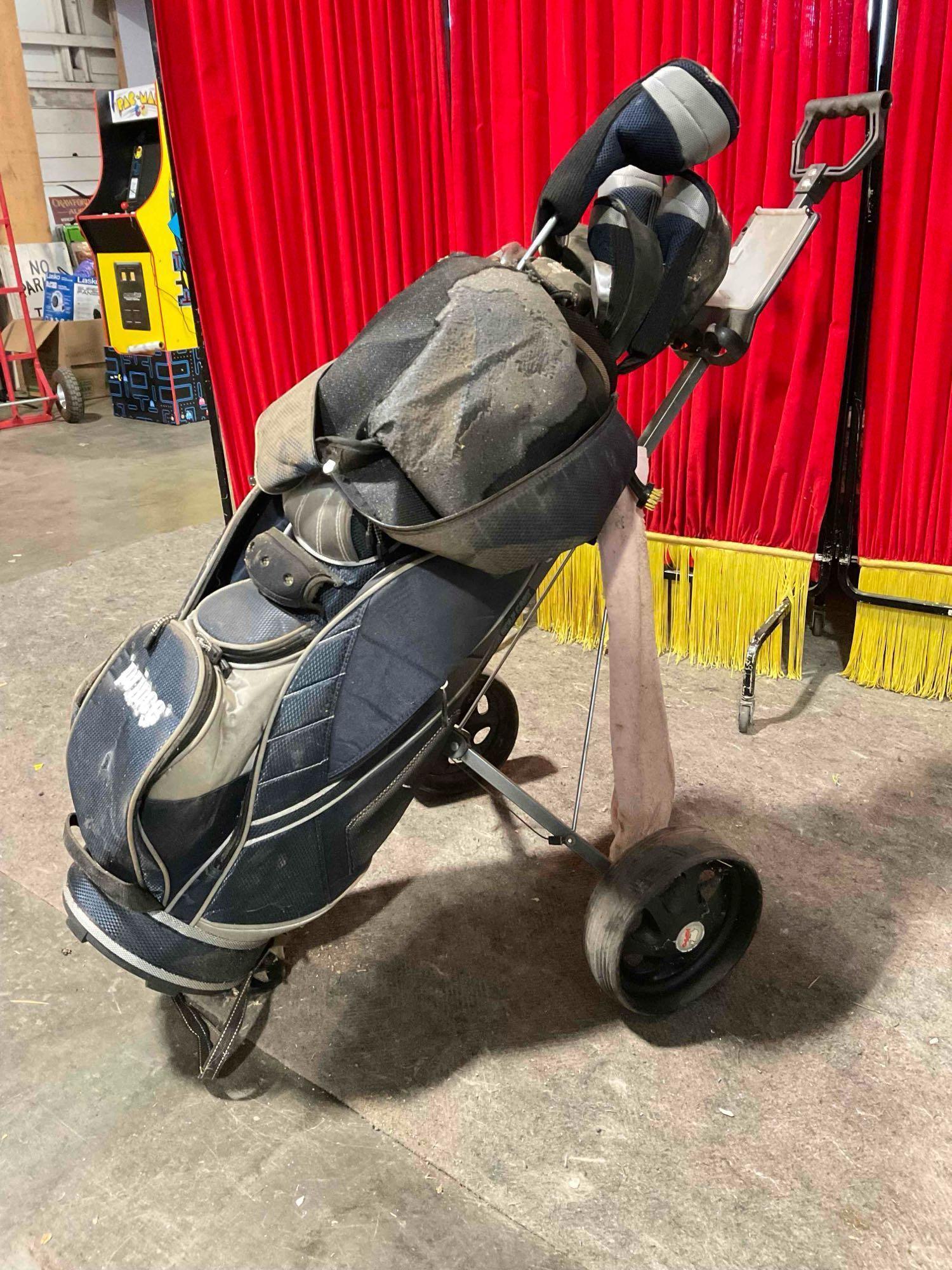 Prince Nylon Golf Bag w/ Hippo Bag Trolley & Prince Set of Golf Clubs. Fair Condition. See pics.