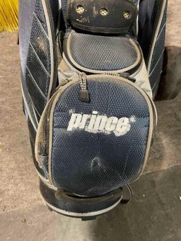 Prince Nylon Golf Bag w/ Hippo Bag Trolley & Prince Set of Golf Clubs. Fair Condition. See pics.