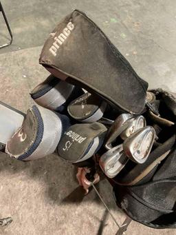 Prince Nylon Golf Bag w/ Hippo Bag Trolley & Prince Set of Golf Clubs. Fair Condition. See pics.