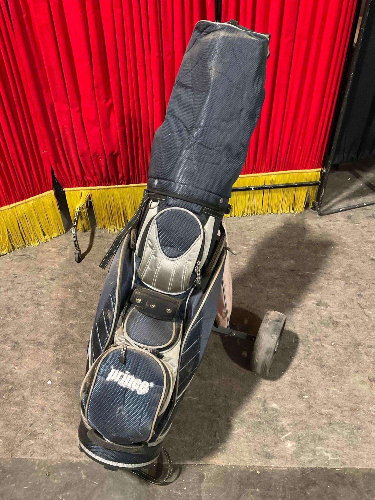 Prince Nylon Golf Bag w/ Hippo Bag Trolley & Prince Set of Golf Clubs. Fair Condition. See pics.