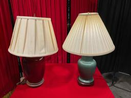 2 pcs Vintage Ceramic & Wood Table Lamps w/ Cream Fabric Shades. Tested, Work. See pics.