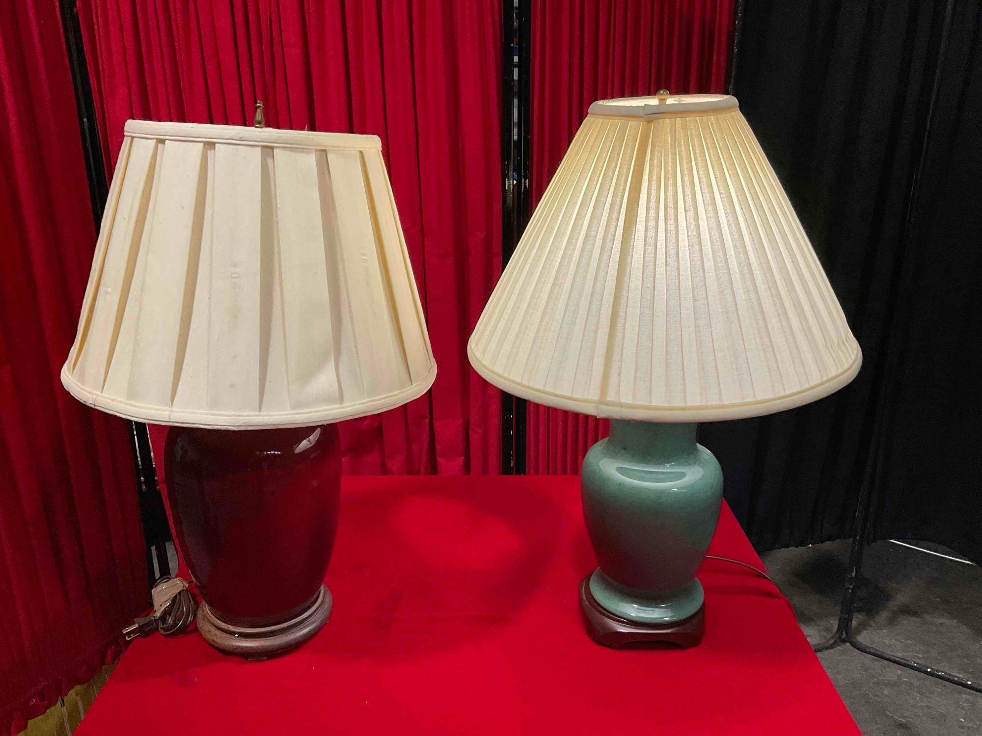 2 pcs Vintage Ceramic & Wood Table Lamps w/ Cream Fabric Shades. Tested, Work. See pics.