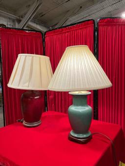 2 pcs Vintage Ceramic & Wood Table Lamps w/ Cream Fabric Shades. Tested, Work. See pics.