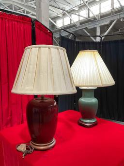 2 pcs Vintage Ceramic & Wood Table Lamps w/ Cream Fabric Shades. Tested, Work. See pics.