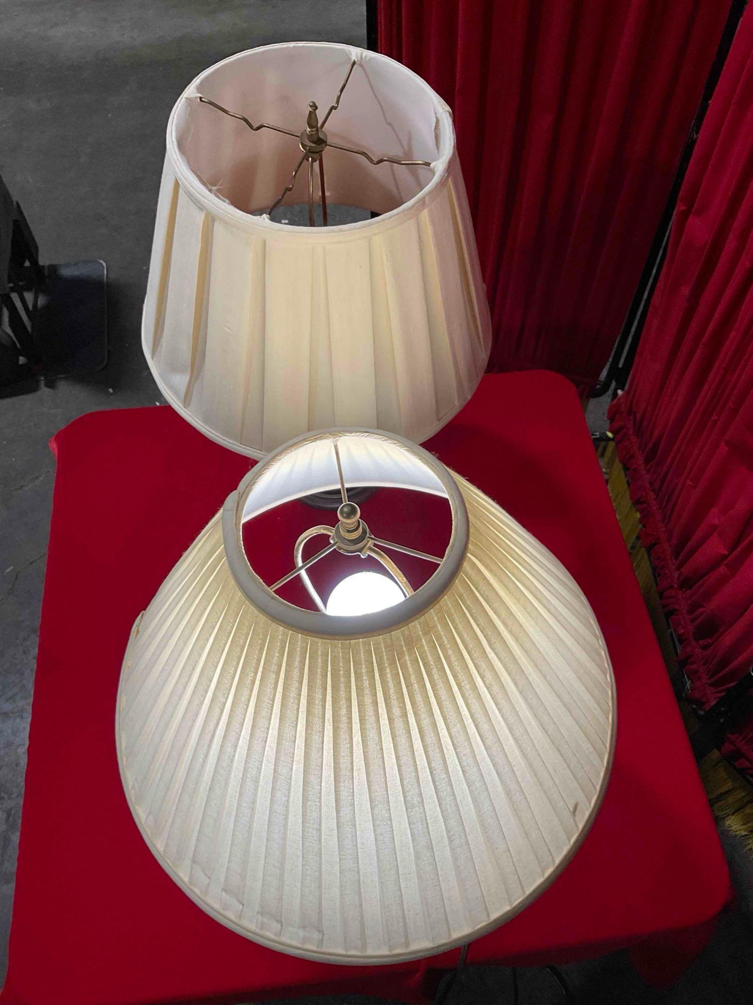 2 pcs Vintage Ceramic & Wood Table Lamps w/ Cream Fabric Shades. Tested, Work. See pics.