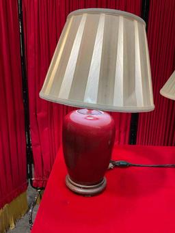 2 pcs Vintage Ceramic & Wood Table Lamps w/ Cream Fabric Shades. Tested, Work. See pics.