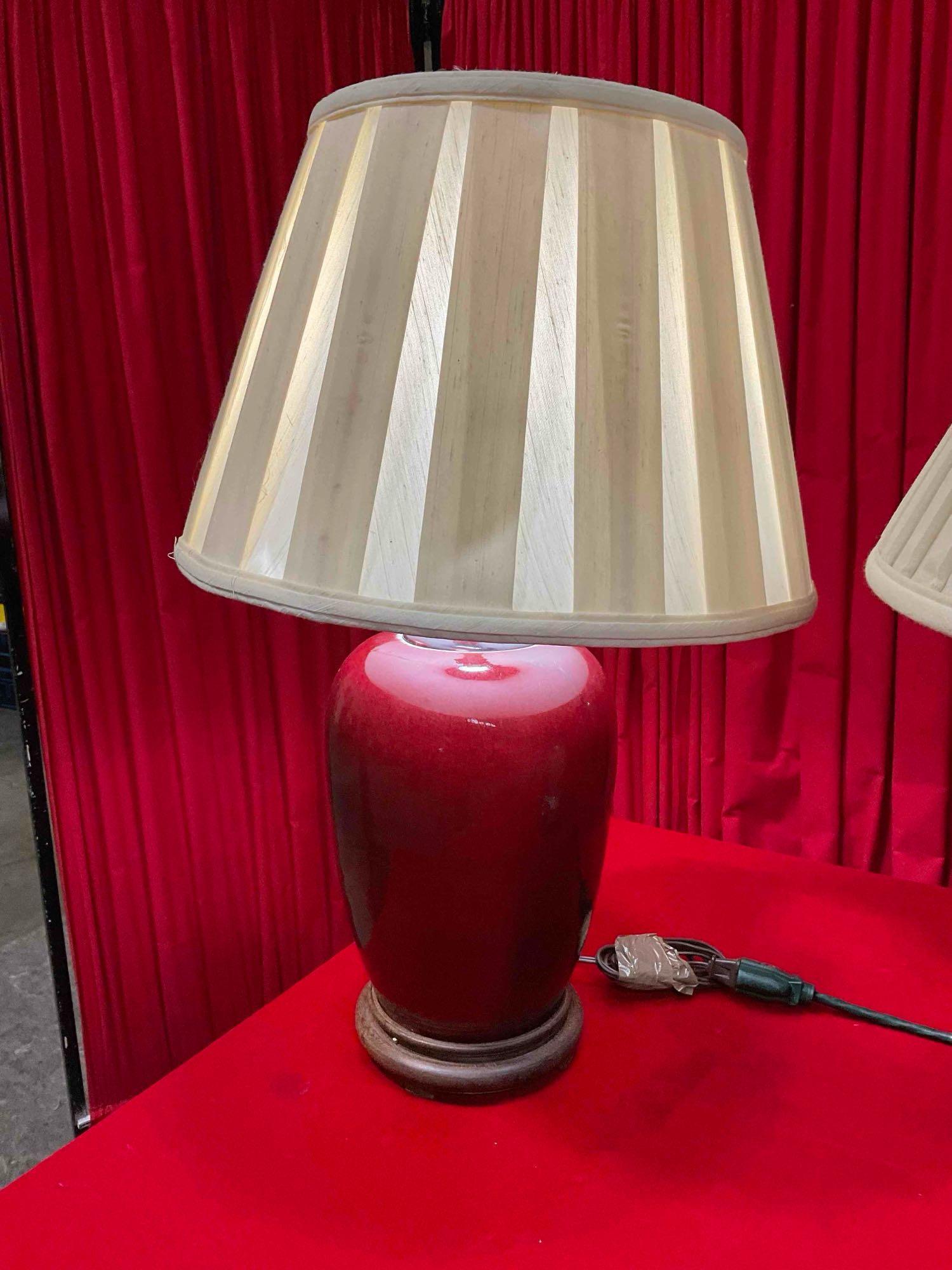 2 pcs Vintage Ceramic & Wood Table Lamps w/ Cream Fabric Shades. Tested, Work. See pics.