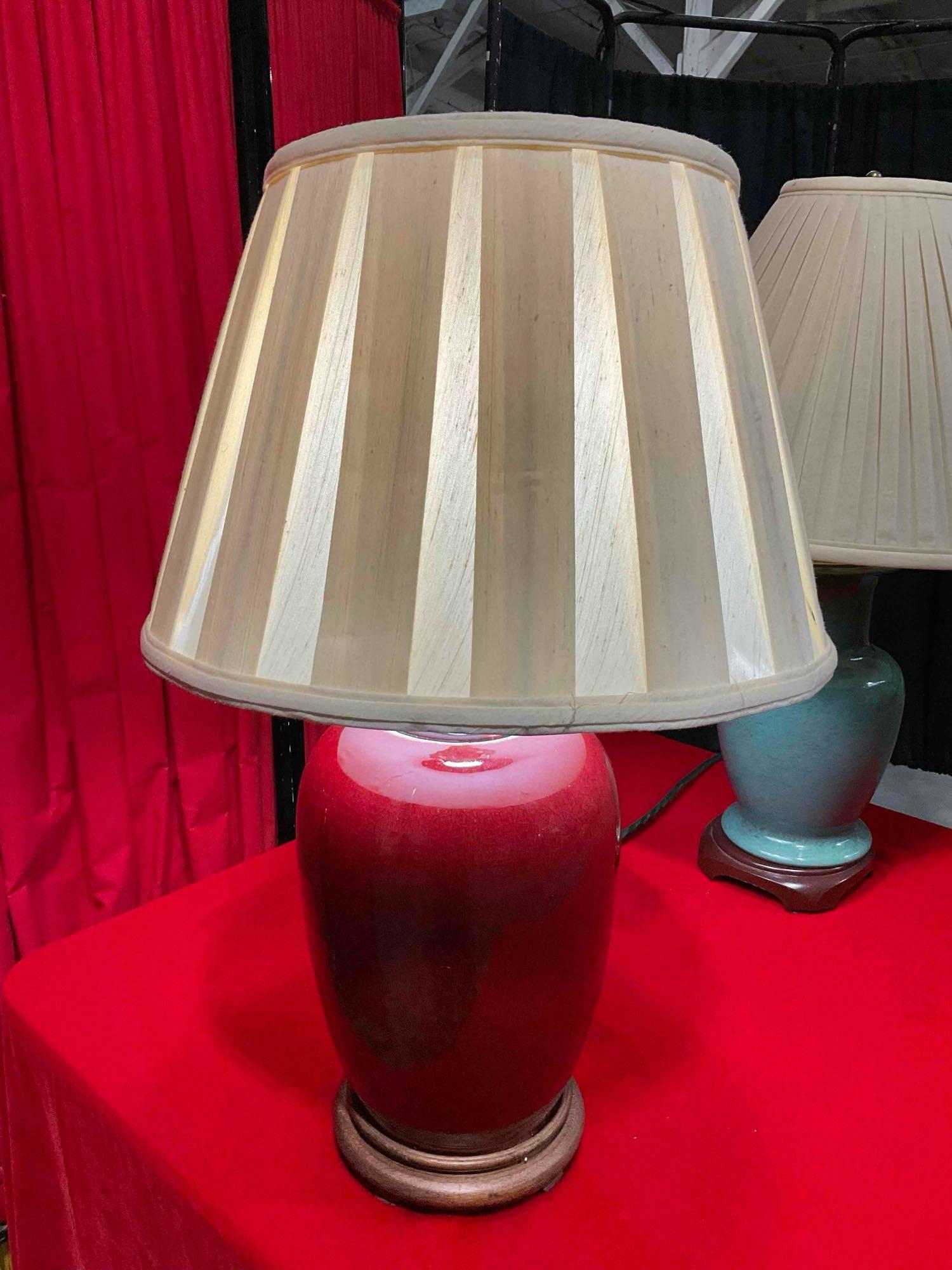 2 pcs Vintage Ceramic & Wood Table Lamps w/ Cream Fabric Shades. Tested, Work. See pics.