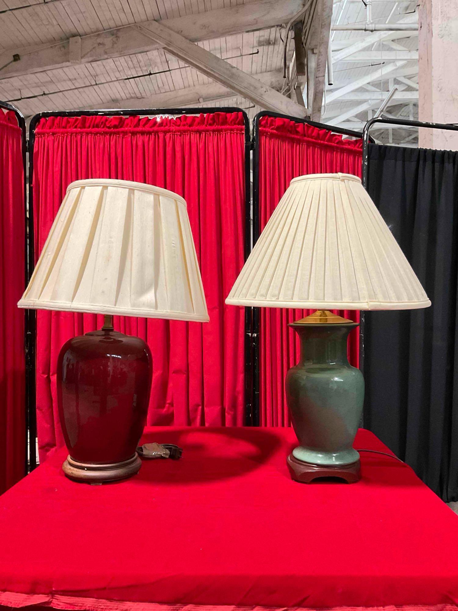 2 pcs Vintage Ceramic & Wood Table Lamps w/ Cream Fabric Shades. Tested, Work. See pics.