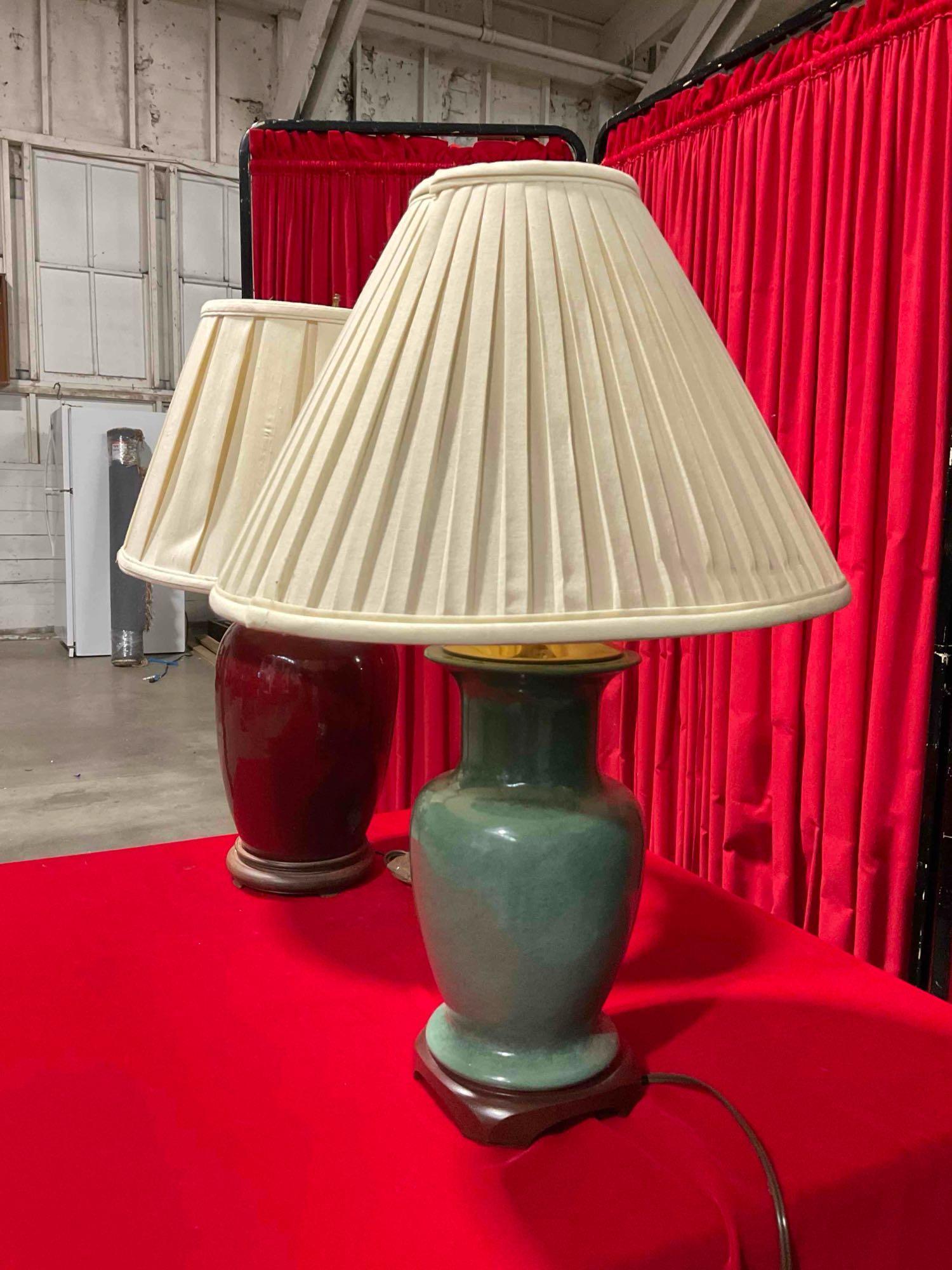 2 pcs Vintage Ceramic & Wood Table Lamps w/ Cream Fabric Shades. Tested, Work. See pics.