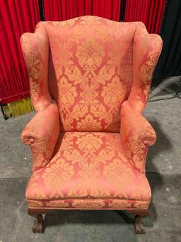 Vintage Mahogany Ball & Clawfoot Wingback Armchair w/ Pink & Beige Upholstery. See pics.
