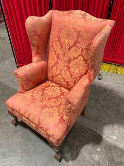 Vintage Mahogany Ball & Clawfoot Wingback Armchair w/ Pink & Beige Upholstery. See pics.