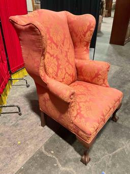 Vintage Mahogany Ball & Clawfoot Wingback Armchair w/ Pink & Beige Upholstery. See pics.