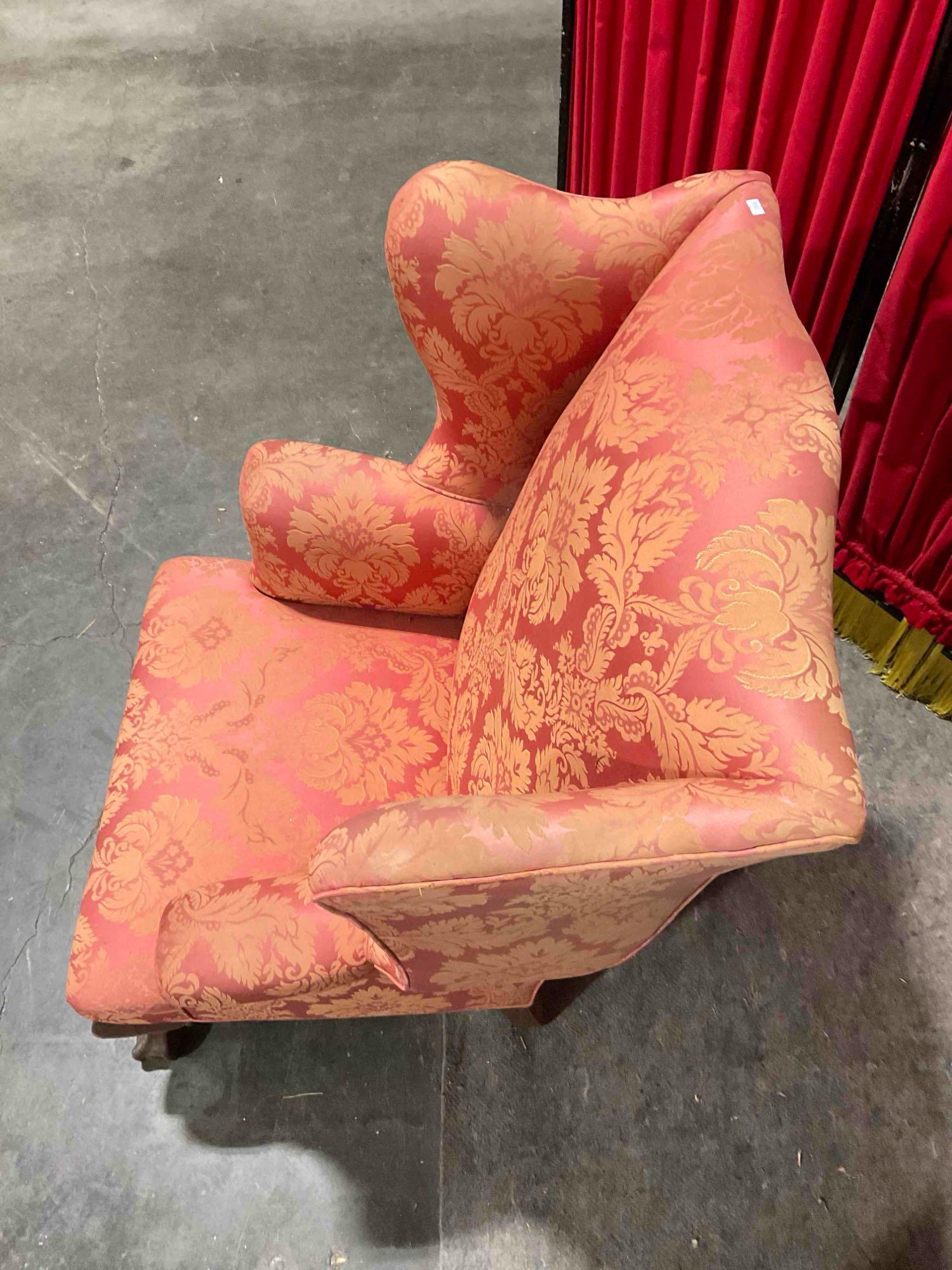 Vintage Mahogany Ball & Clawfoot Wingback Armchair w/ Pink & Beige Upholstery. See pics.