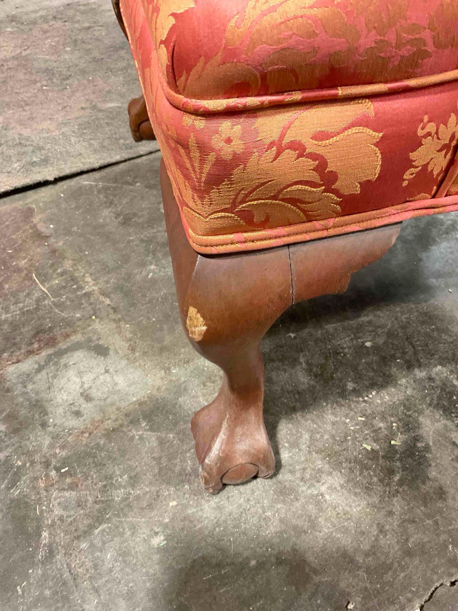 Vintage Mahogany Ball & Clawfoot Wingback Armchair w/ Pink & Beige Upholstery. See pics.