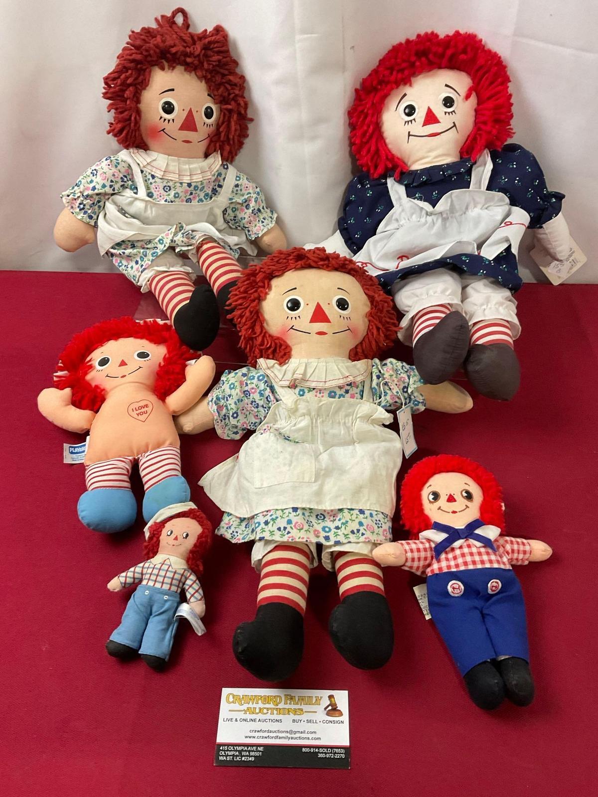 Set of Raggedy Ann Dolls, Knickerbocker, Playskool & Unmarked, largest is 12 inches