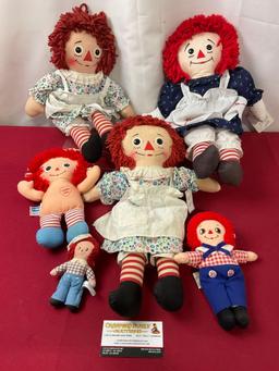 Set of Raggedy Ann Dolls, Knickerbocker, Playskool & Unmarked, largest is 12 inches