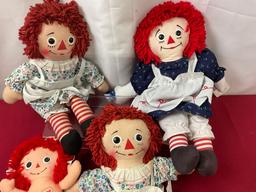 Set of Raggedy Ann Dolls, Knickerbocker, Playskool & Unmarked, largest is 12 inches