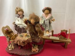 Folk Art Mini Figures, Ladie & Friends, & more, set of pieces, tea party, bath time & doll in chair