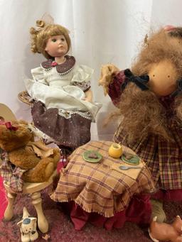 Folk Art Mini Figures, Ladie & Friends, & more, set of pieces, tea party, bath time & doll in chair