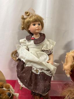 Folk Art Mini Figures, Ladie & Friends, & more, set of pieces, tea party, bath time & doll in chair
