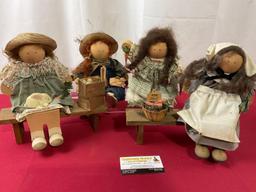 Folk Art Miniature Figures, Ladie & Friends, & more, set of 6 pieces, farming & animals