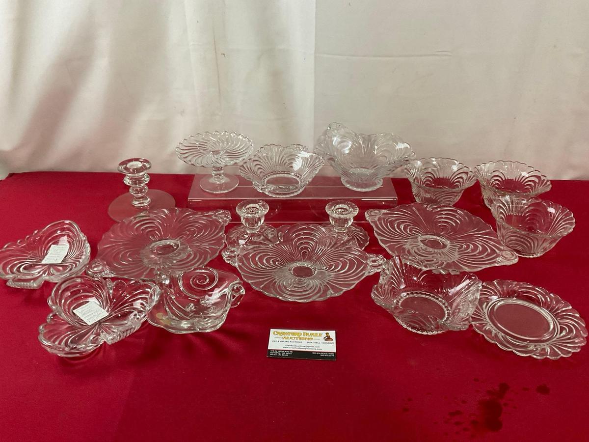 17 Vintage Cambridge Caprice Glass Pieces, Bowls, Serving & Divided Dishes, Candleholders, & more