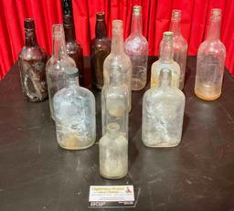 13 pcs Old Glass Beverage & Apothecary Bottle Assortment. Waterfill & Frazier, Jim Beam & More. See