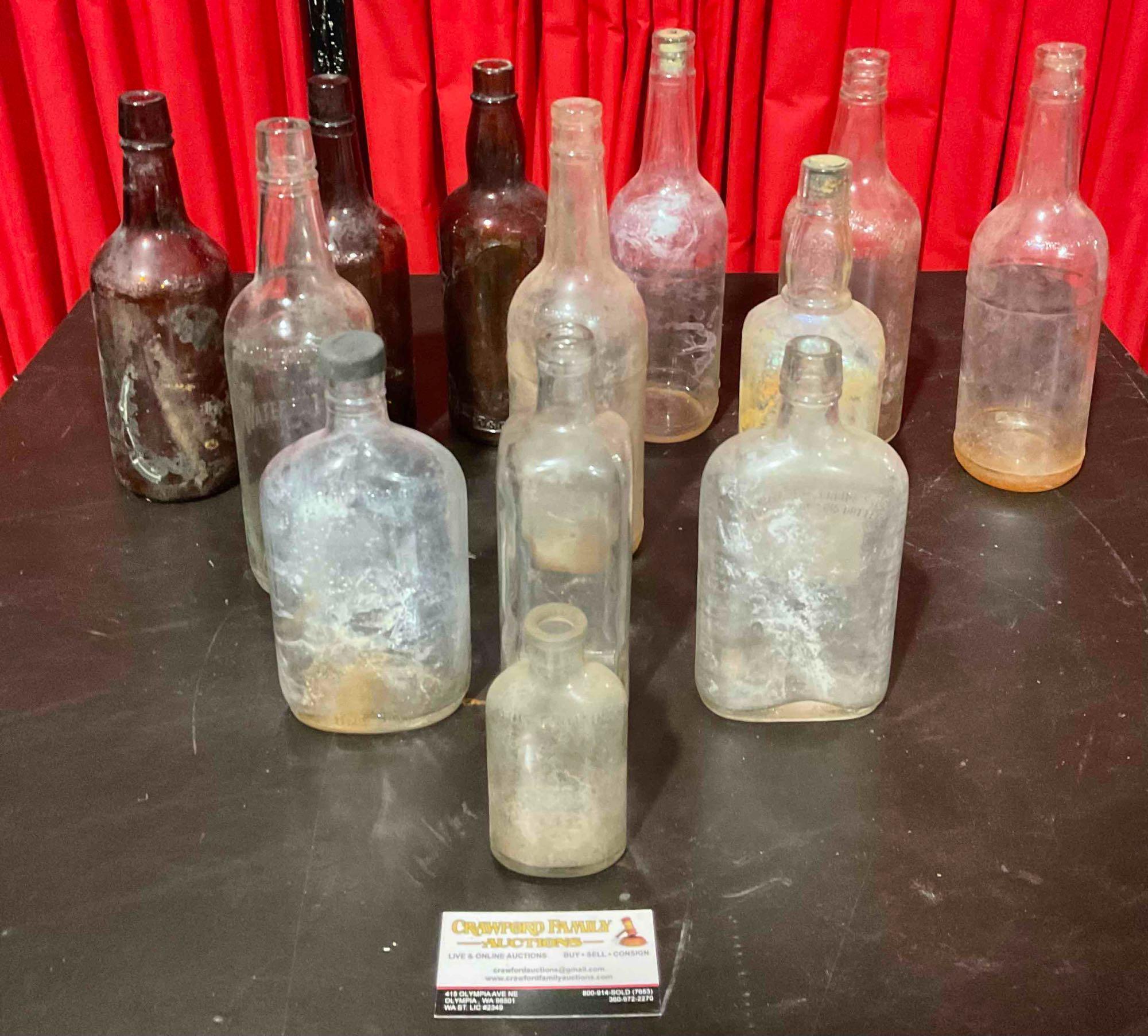 13 pcs Old Glass Beverage & Apothecary Bottle Assortment. Waterfill & Frazier, Jim Beam & More. See