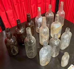 13 pcs Old Glass Beverage & Apothecary Bottle Assortment. Waterfill & Frazier, Jim Beam & More. See