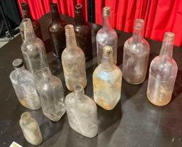 13 pcs Old Glass Beverage & Apothecary Bottle Assortment. Waterfill & Frazier, Jim Beam & More. See