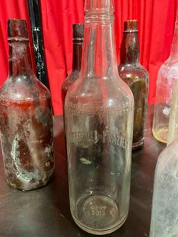 13 pcs Old Glass Beverage & Apothecary Bottle Assortment. Waterfill & Frazier, Jim Beam & More. See