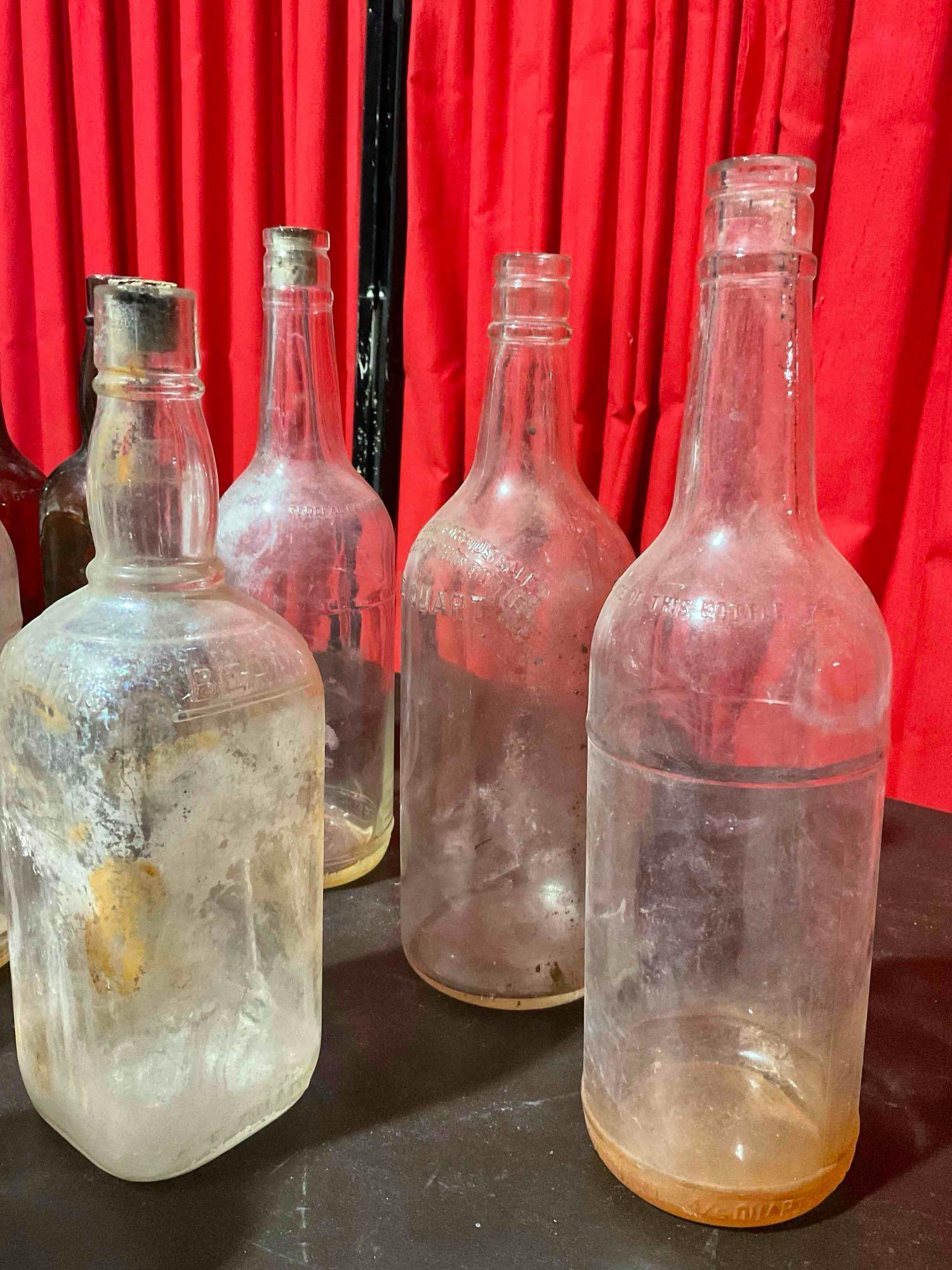 13 pcs Old Glass Beverage & Apothecary Bottle Assortment. Waterfill & Frazier, Jim Beam & More. See