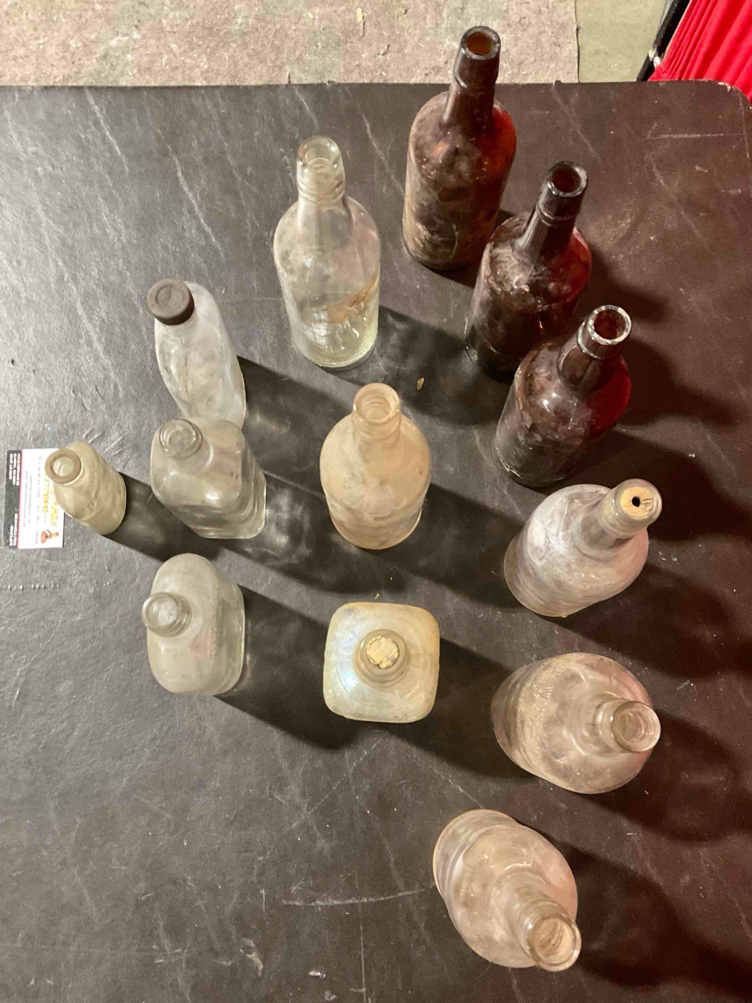 13 pcs Old Glass Beverage & Apothecary Bottle Assortment. Waterfill & Frazier, Jim Beam & More. See