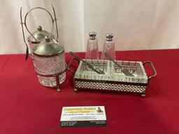 Vintage English Silver Plate & Crystal Relish Plate & Pickle Jars, w/ Forks & Spoons, S&P Shakers