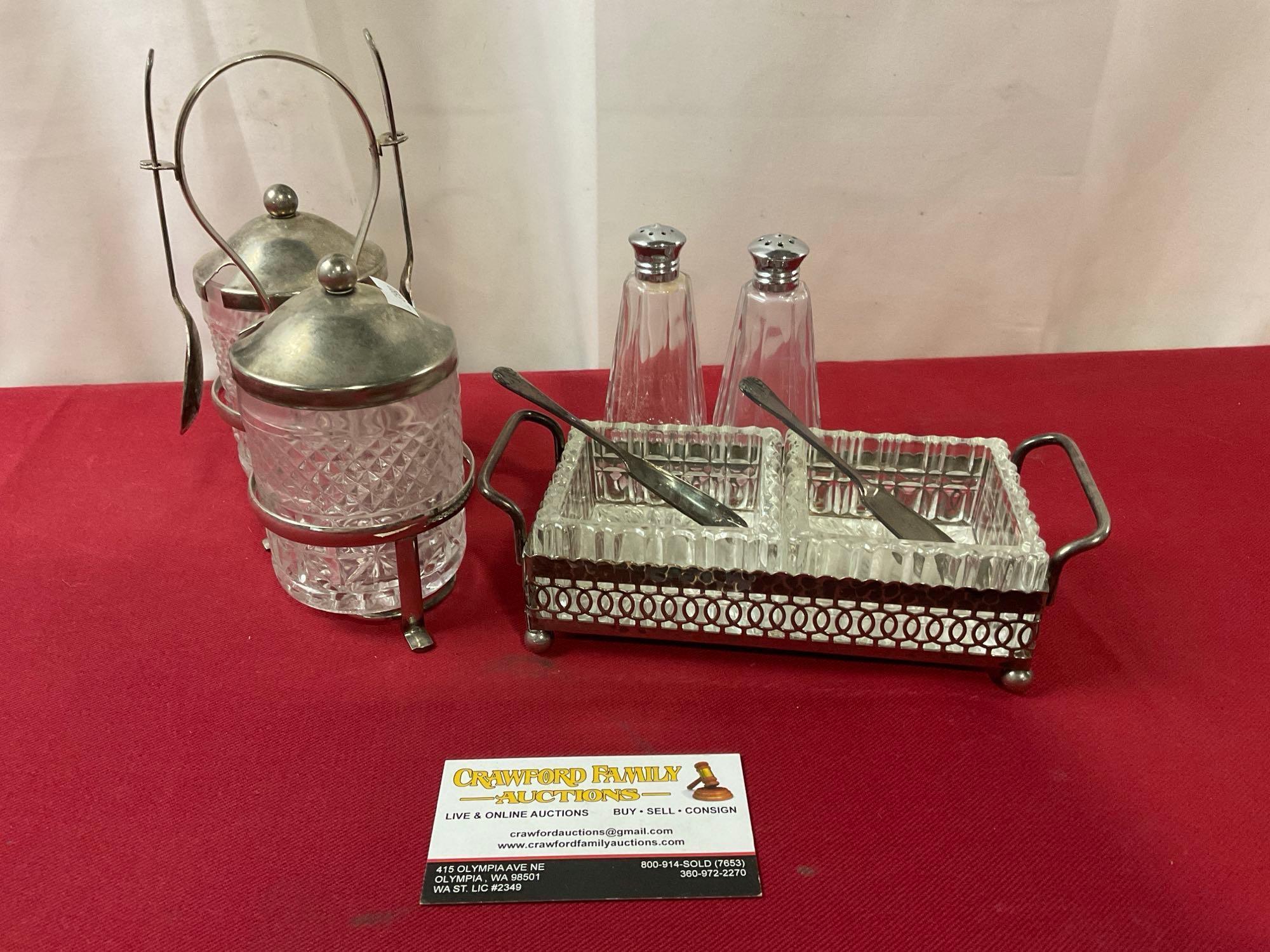 Vintage English Silver Plate & Crystal Relish Plate & Pickle Jars, w/ Forks & Spoons, S&P Shakers