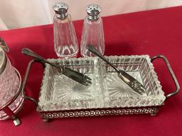 Vintage English Silver Plate & Crystal Relish Plate & Pickle Jars, w/ Forks & Spoons, S&P Shakers