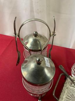 Vintage English Silver Plate & Crystal Relish Plate & Pickle Jars, w/ Forks & Spoons, S&P Shakers