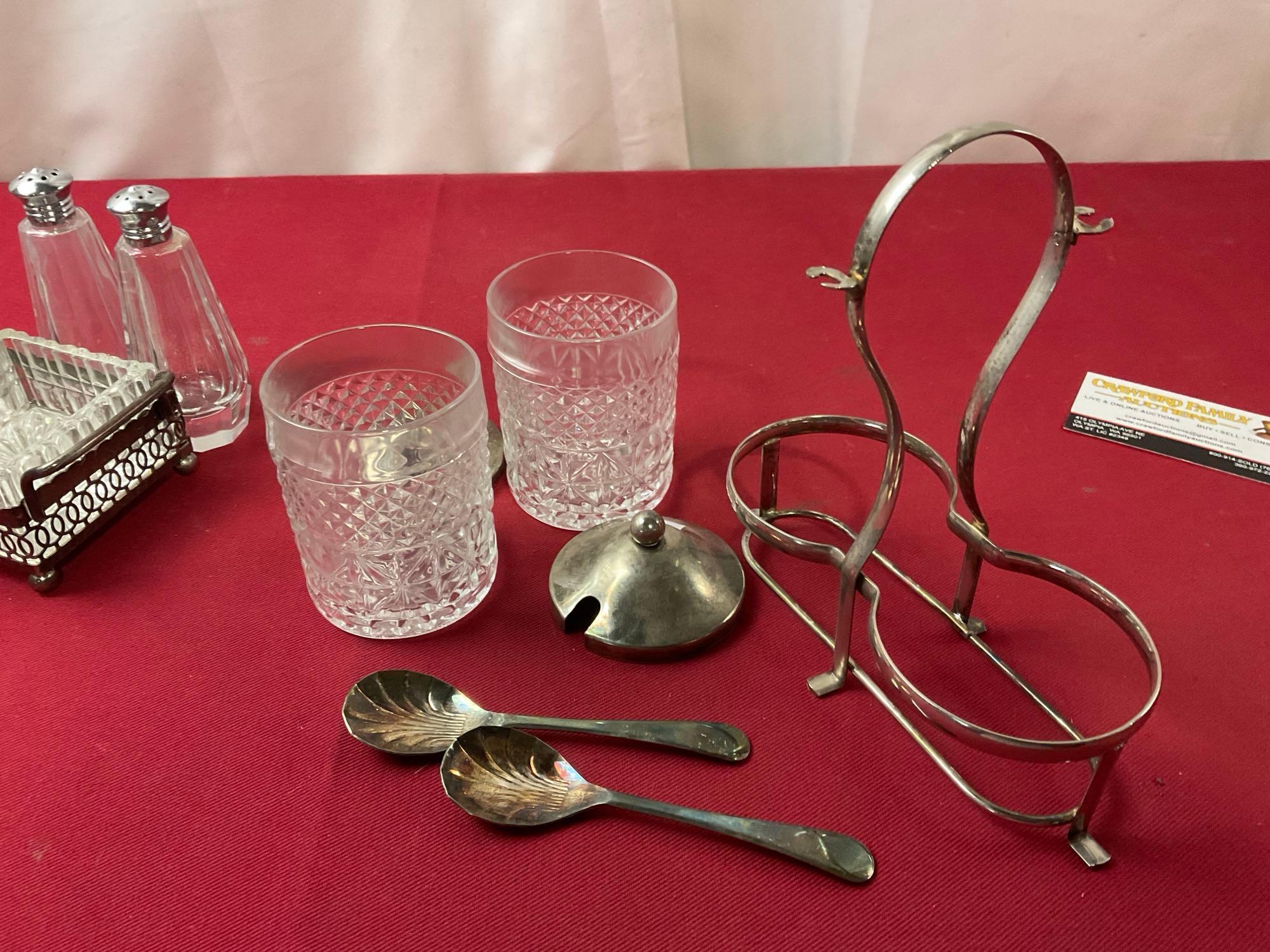 Vintage English Silver Plate & Crystal Relish Plate & Pickle Jars, w/ Forks & Spoons, S&P Shakers