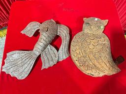 2 pcs Rustic Metal Garden Decorative Sculptures, Owl & Fish. Possibly Holds Candles? See pics