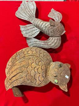 2 pcs Rustic Metal Garden Decorative Sculptures, Owl & Fish. Possibly Holds Candles? See pics
