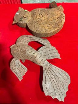 2 pcs Rustic Metal Garden Decorative Sculptures, Owl & Fish. Possibly Holds Candles? See pics