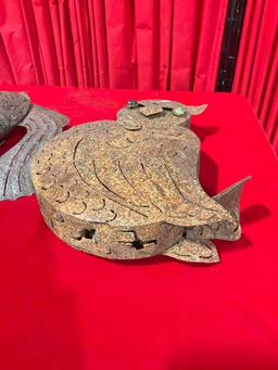 2 pcs Rustic Metal Garden Decorative Sculptures, Owl & Fish. Possibly Holds Candles? See pics