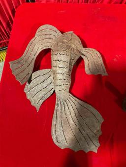 2 pcs Rustic Metal Garden Decorative Sculptures, Owl & Fish. Possibly Holds Candles? See pics