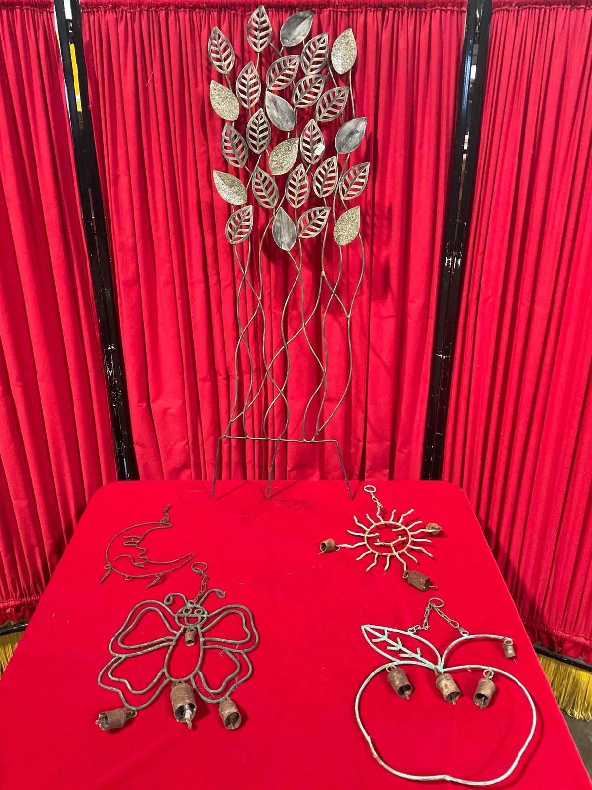 5 pcs Decorative Metal Pieces Garden Yard Art. 4x Mobiles, 3 w/ Bells, 1x Leaf Panel. See pics.