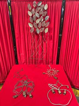 5 pcs Decorative Metal Pieces Garden Yard Art. 4x Mobiles, 3 w/ Bells, 1x Leaf Panel. See pics.